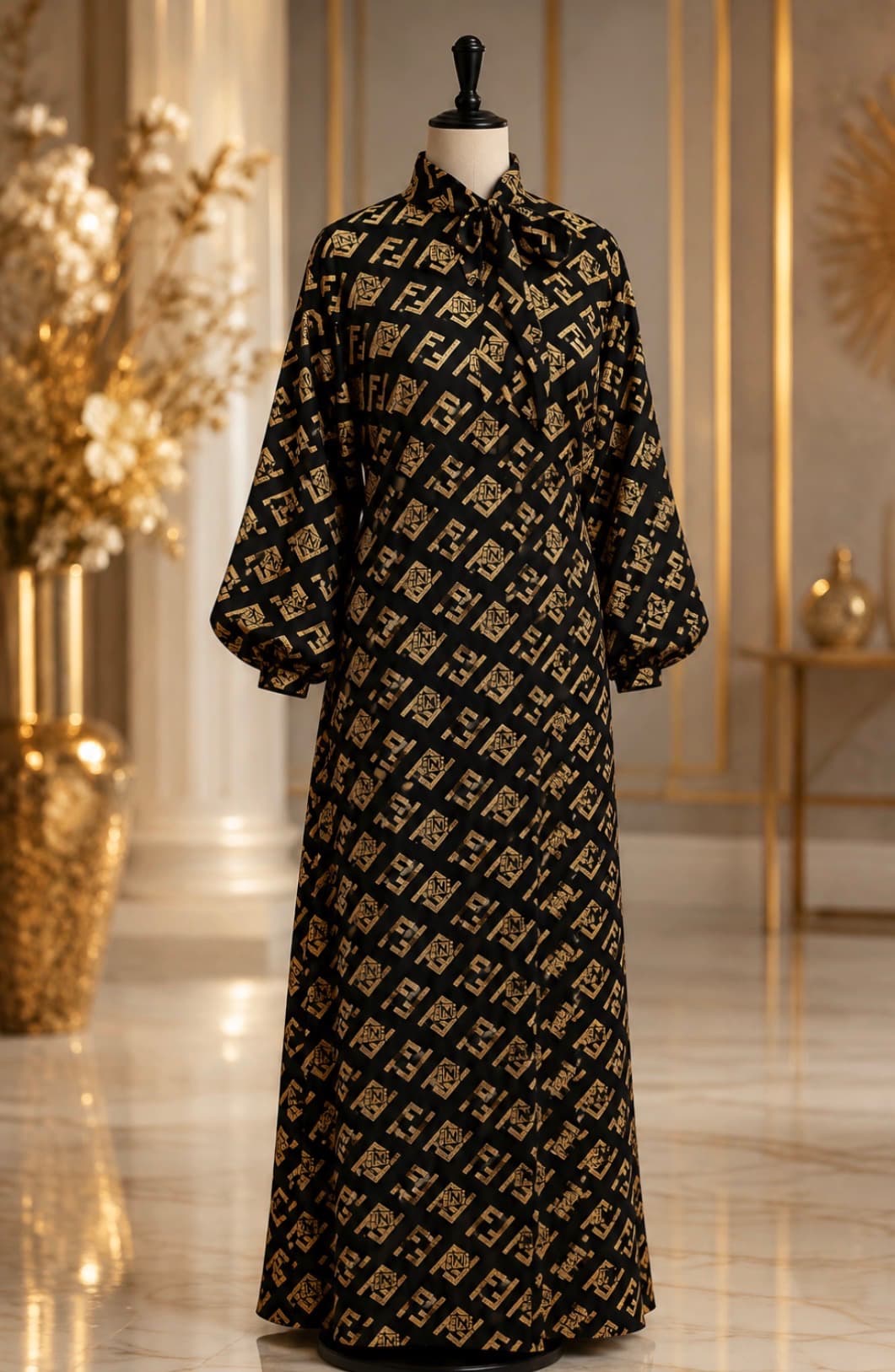 Fendi-inspired luxury maxi dress in black and gold logo print with balloon sleeves, Houston boutique