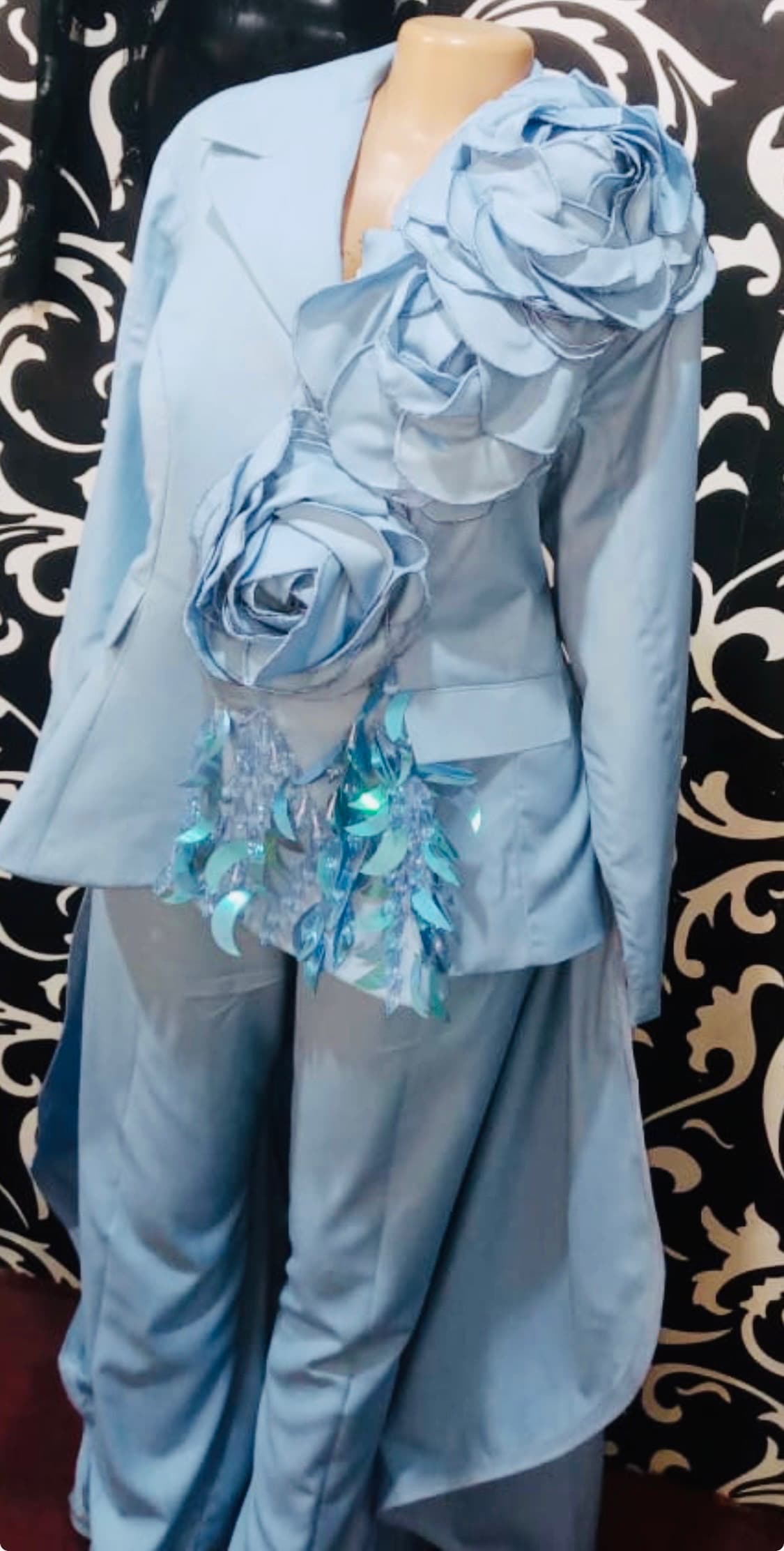 Powder blue flower pant suit with 3D floral detail and sequin trim, formal wear Houston